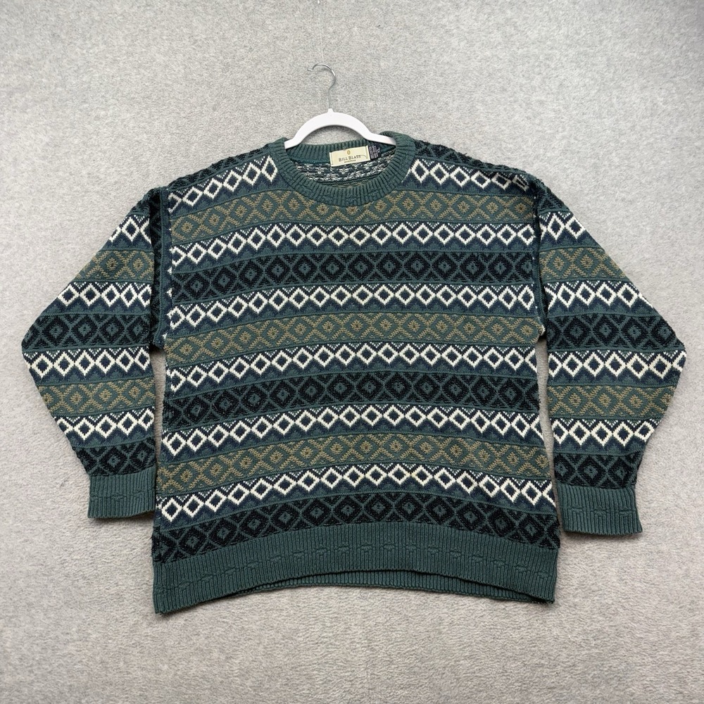 Vintage Bill Blass Mens Sweater‎ XL Green Pattern Hand Framed USA Crewneck Retro